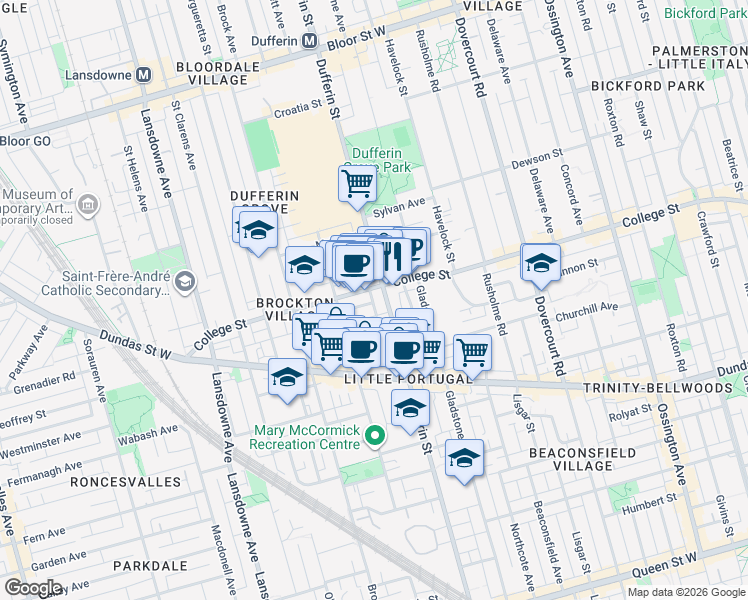map of restaurants, bars, coffee shops, grocery stores, and more near in Toronto