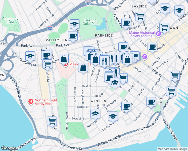 map of restaurants, bars, coffee shops, grocery stores, and more near 130 Neal Street in Portland