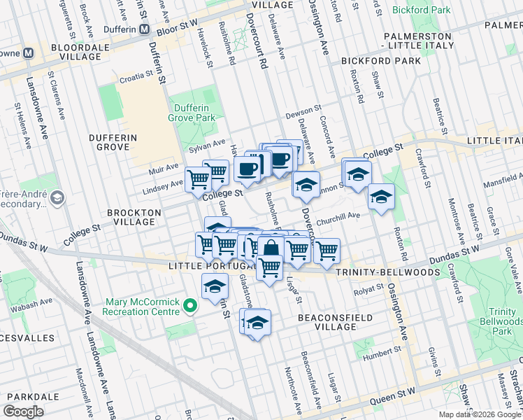 map of restaurants, bars, coffee shops, grocery stores, and more near 6 Rusholme Park Crescent in Toronto