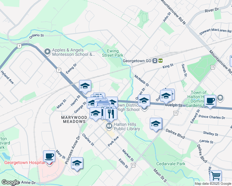 map of restaurants, bars, coffee shops, grocery stores, and more near 42 Mill Street in Halton Hills