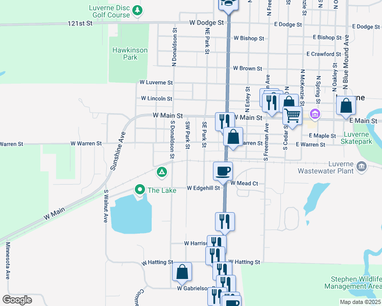 map of restaurants, bars, coffee shops, grocery stores, and more near 301 Southwest Park Street in Luverne