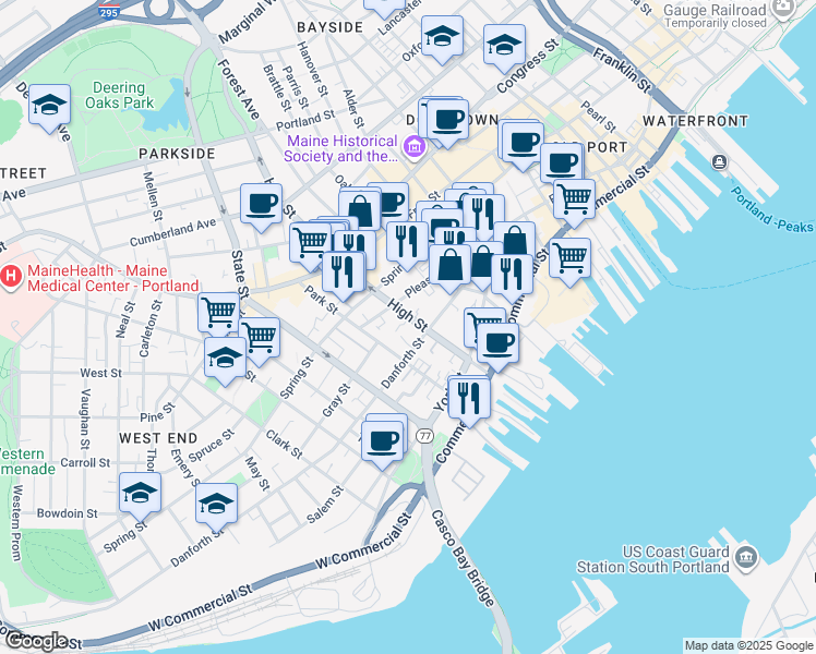 map of restaurants, bars, coffee shops, grocery stores, and more near 68 High Street in Portland