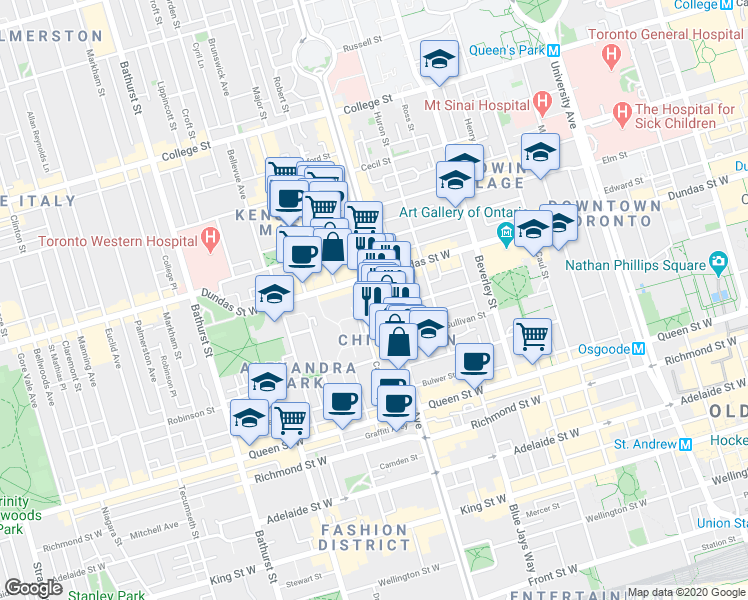 map of restaurants, bars, coffee shops, grocery stores, and more near 266 Spadina Avenue in Toronto