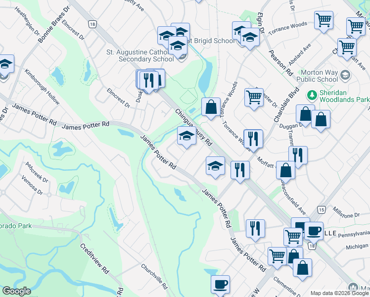 map of restaurants, bars, coffee shops, grocery stores, and more near 19 Seastar Road in Brampton