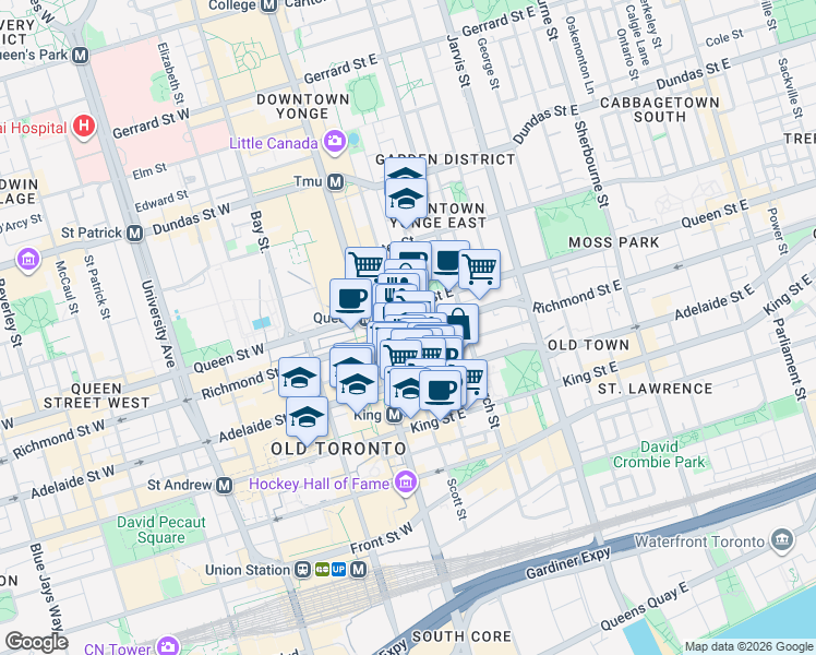 map of restaurants, bars, coffee shops, grocery stores, and more near 105 Victoria Street in Toronto