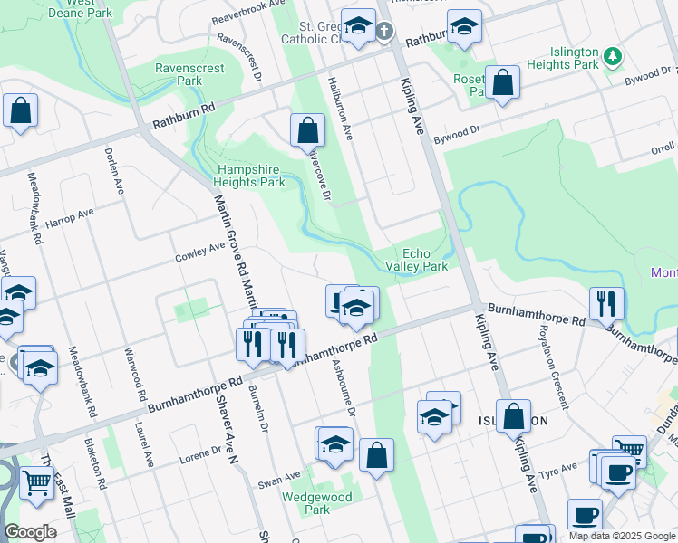 map of restaurants, bars, coffee shops, grocery stores, and more near 19 Lorraine Gardens in Toronto