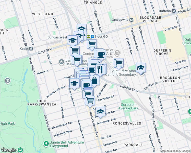 map of restaurants, bars, coffee shops, grocery stores, and more near 2 Howard Park Avenue in Toronto