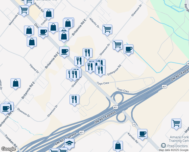 map of restaurants, bars, coffee shops, grocery stores, and more near 5825 Dixie Road in Mississauga