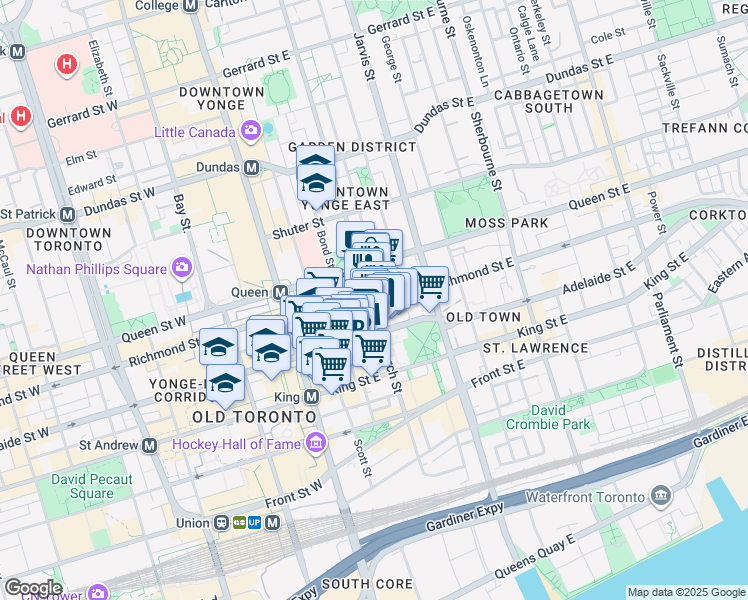 map of restaurants, bars, coffee shops, grocery stores, and more near 89 Church Street in Toronto