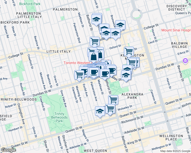 map of restaurants, bars, coffee shops, grocery stores, and more near 776 Dundas Street West in Toronto