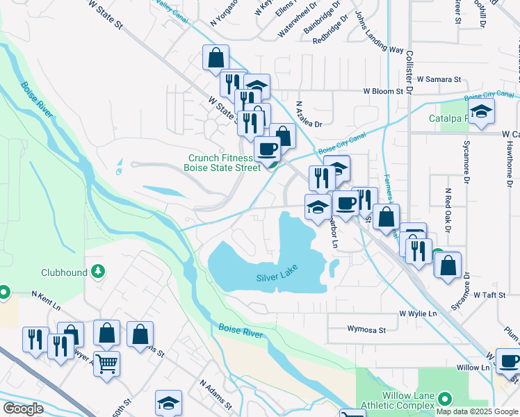 map of restaurants, bars, coffee shops, grocery stores, and more near 3280 North Whistler Lane in Boise