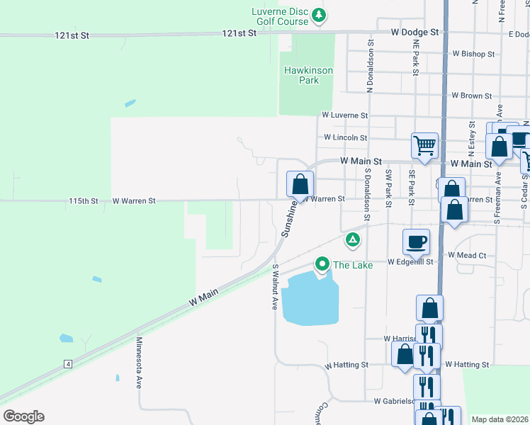map of restaurants, bars, coffee shops, grocery stores, and more near 300 Oak Drive in Luverne