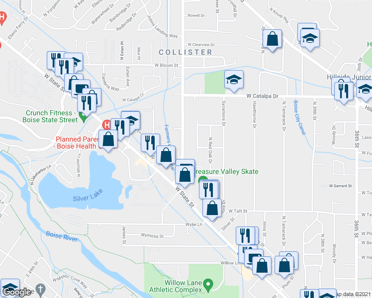 map of restaurants, bars, coffee shops, grocery stores, and more near 3508 North Collister Drive in Boise