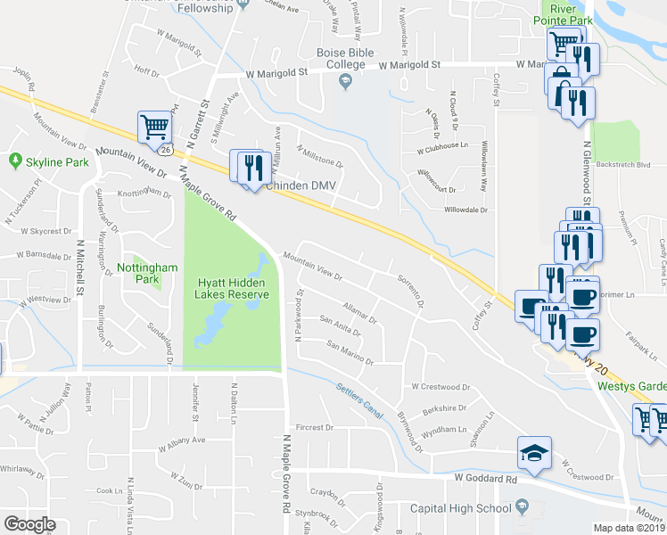 map of restaurants, bars, coffee shops, grocery stores, and more near 5150 Mountain View Drive in Boise