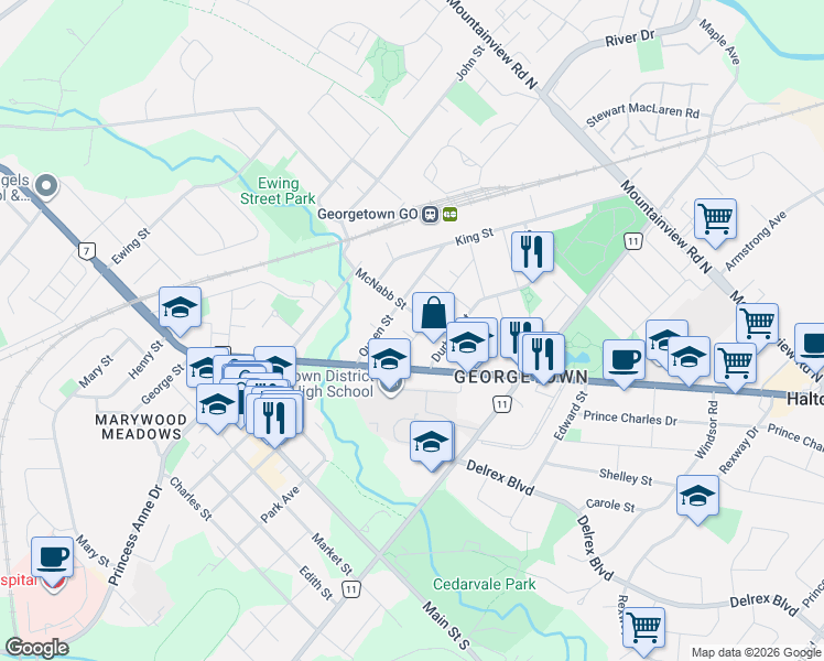 map of restaurants, bars, coffee shops, grocery stores, and more near 15 Albert Street in Halton Hills