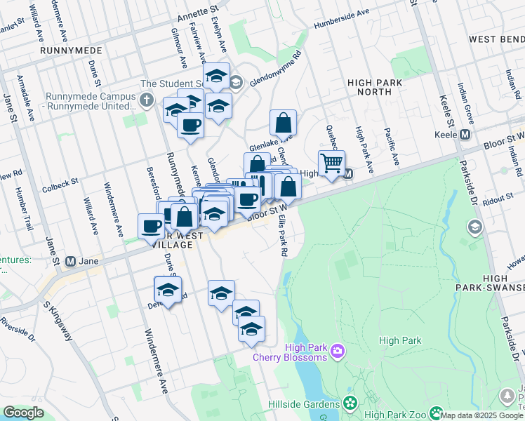 map of restaurants, bars, coffee shops, grocery stores, and more near 2118 Bloor Street West in Toronto