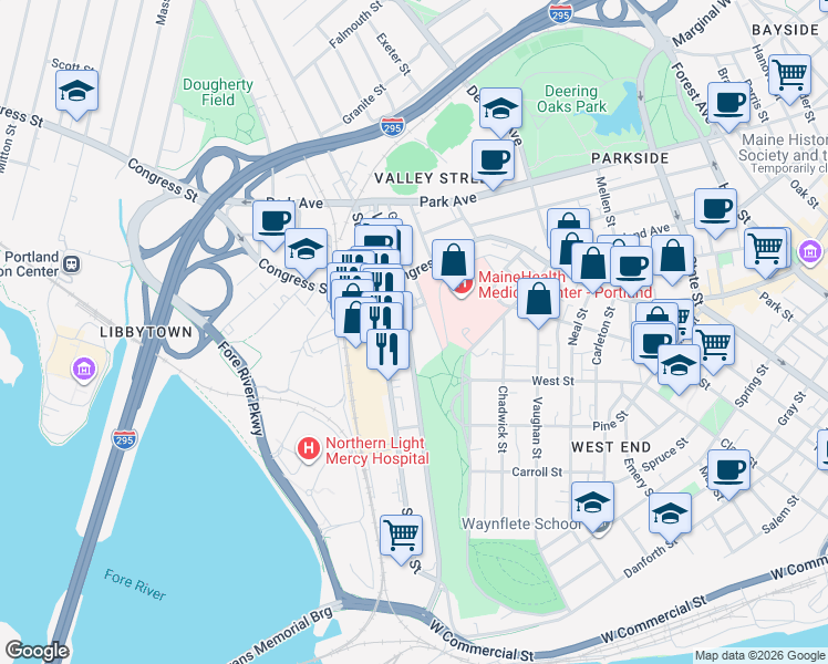 map of restaurants, bars, coffee shops, grocery stores, and more near 243 Valley Street in Portland