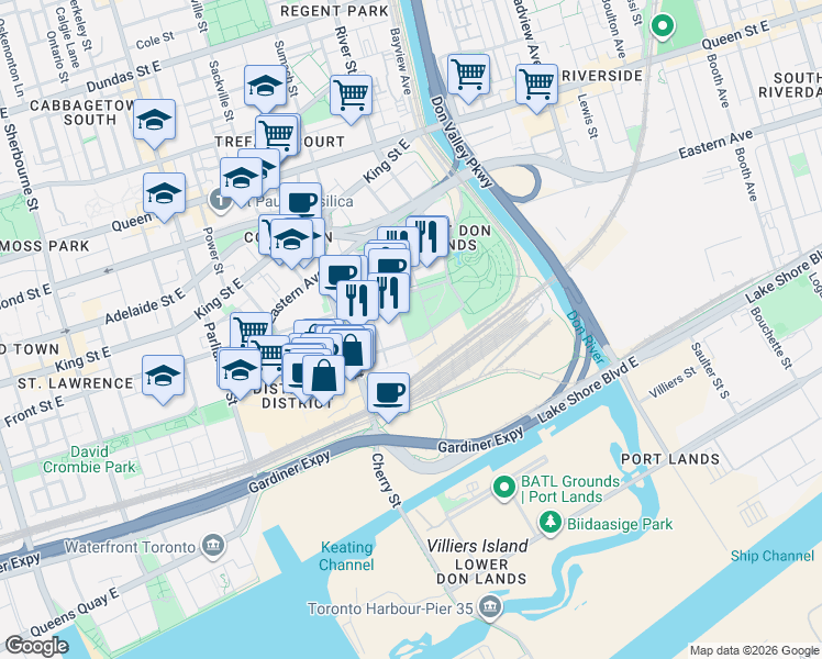 map of restaurants, bars, coffee shops, grocery stores, and more near 180 Mill Street in Toronto