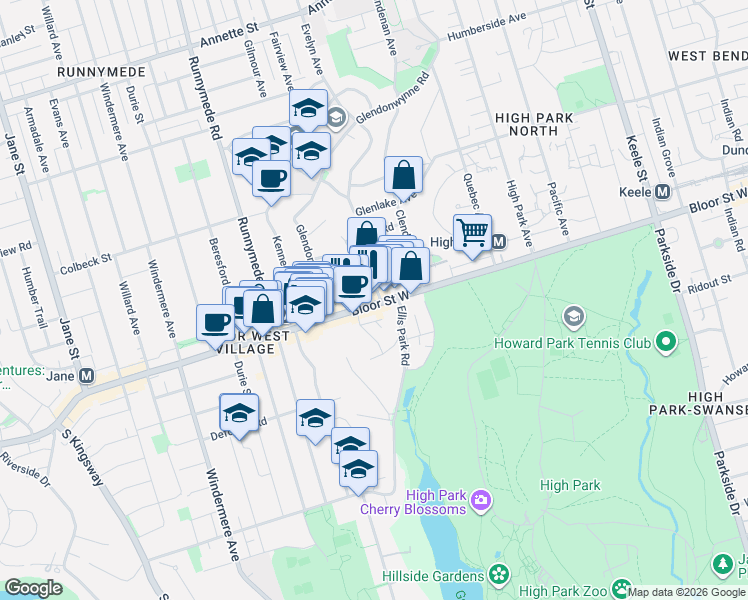 map of restaurants, bars, coffee shops, grocery stores, and more near 2118 Bloor Street West in Toronto