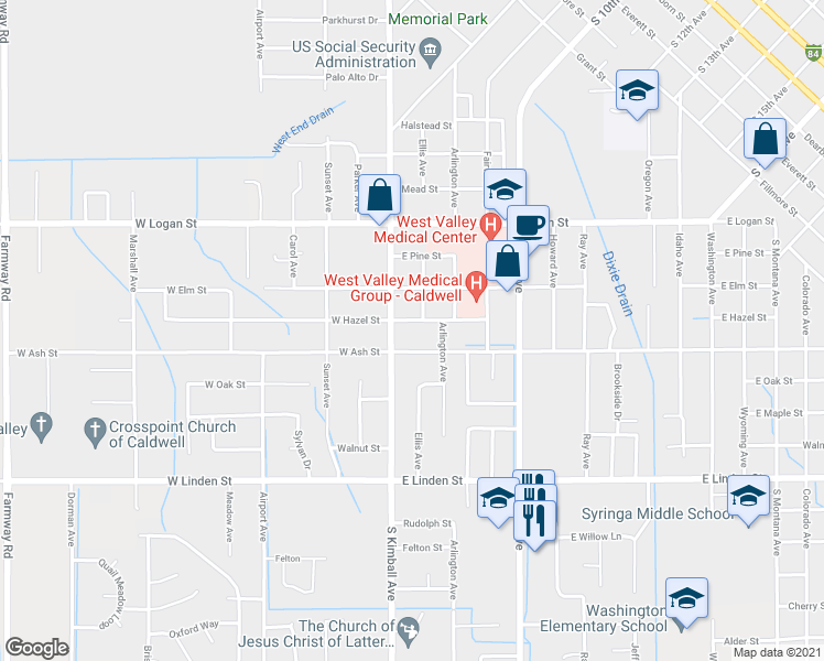 map of restaurants, bars, coffee shops, grocery stores, and more near 202 East Ash Street in Caldwell
