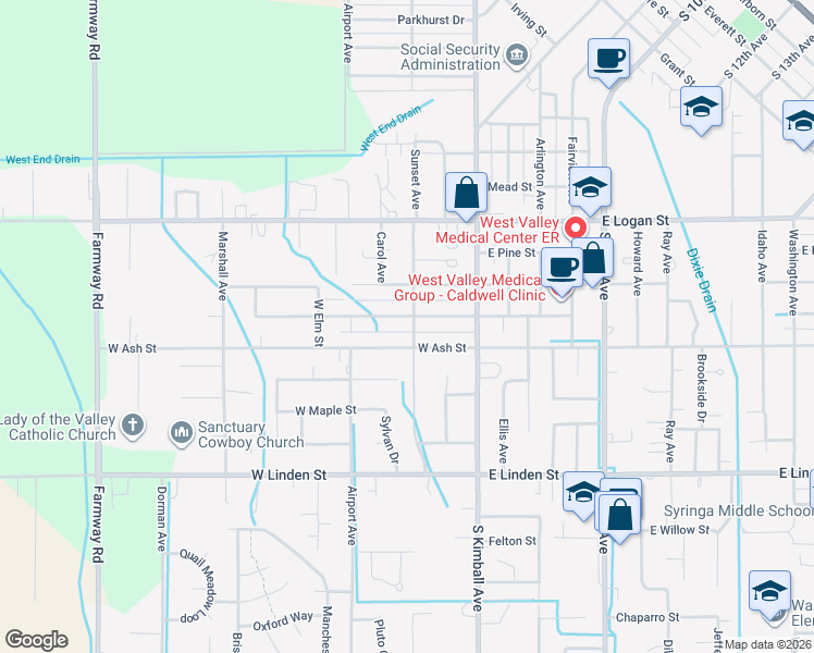 map of restaurants, bars, coffee shops, grocery stores, and more near 317 West Ash Street in Caldwell