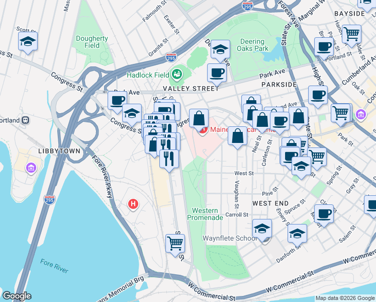 map of restaurants, bars, coffee shops, grocery stores, and more near 221 Valley Street in Portland