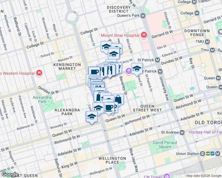map of restaurants, bars, coffee shops, grocery stores, and more near in Toronto