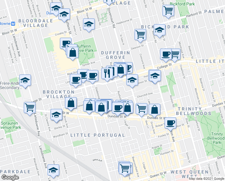 map of restaurants, bars, coffee shops, grocery stores, and more near in Toronto