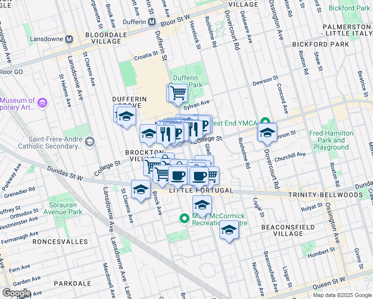 map of restaurants, bars, coffee shops, grocery stores, and more near in Toronto