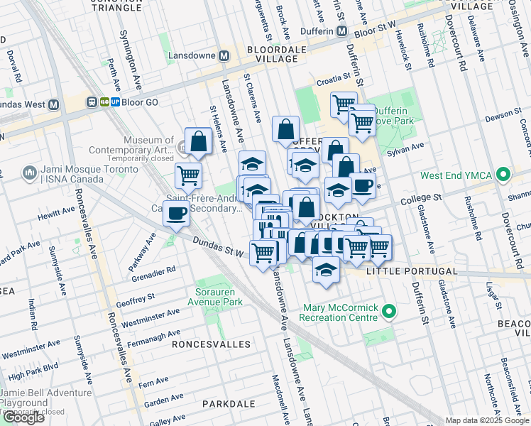 map of restaurants, bars, coffee shops, grocery stores, and more near 330 Lansdowne Avenue in Toronto