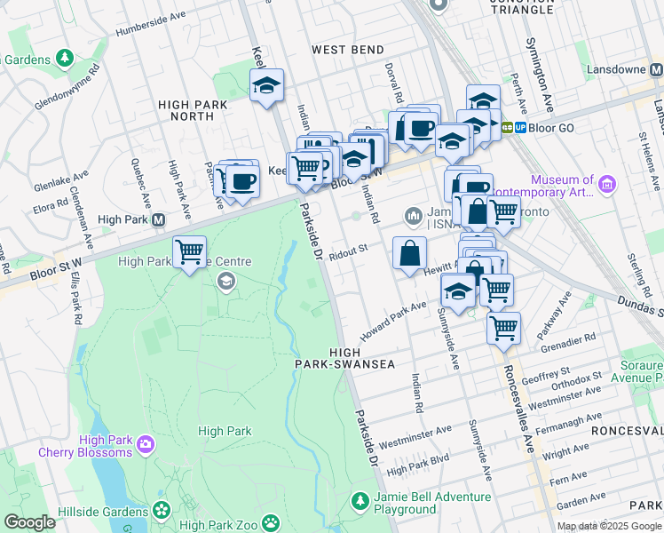 map of restaurants, bars, coffee shops, grocery stores, and more near in Toronto