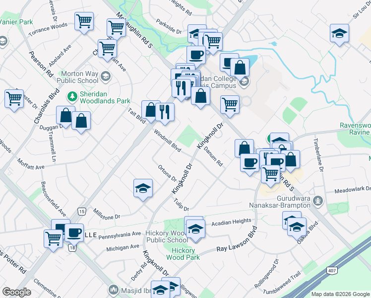 map of restaurants, bars, coffee shops, grocery stores, and more near 36 Windmill Boulevard in Brampton