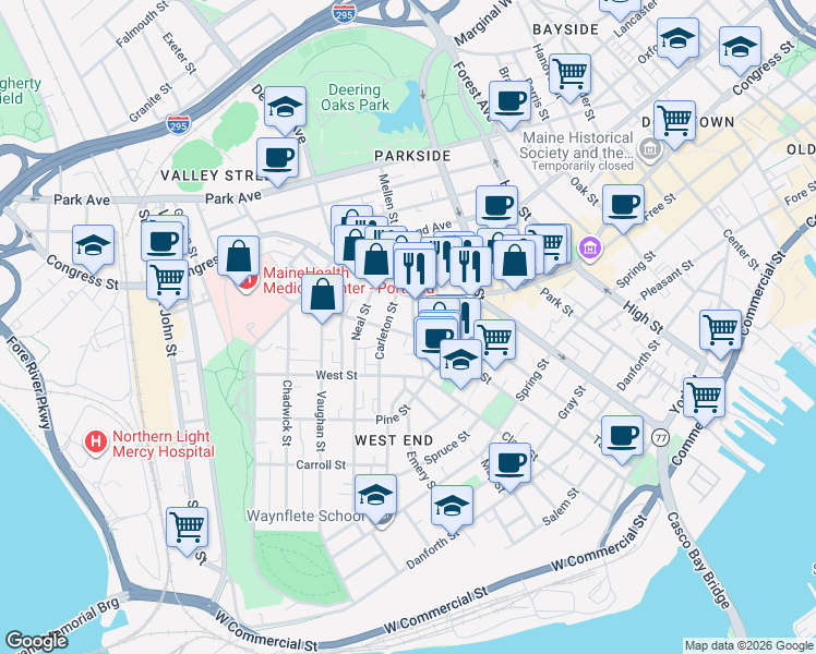 map of restaurants, bars, coffee shops, grocery stores, and more near 235 Brackett Street in Portland