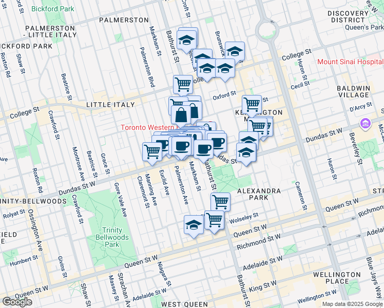 map of restaurants, bars, coffee shops, grocery stores, and more near 764 Dundas Street West in Toronto