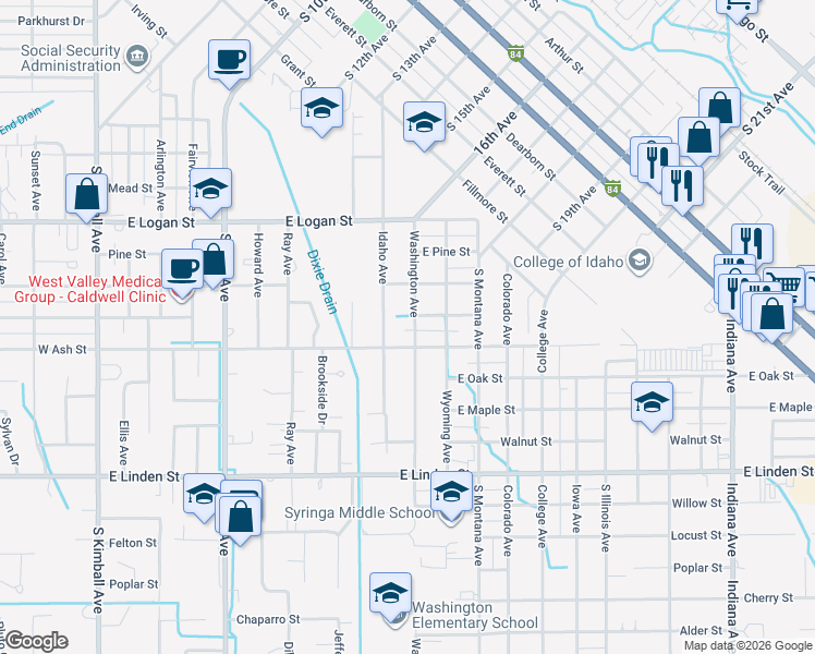 map of restaurants, bars, coffee shops, grocery stores, and more near 1004 East Ash Street in Caldwell