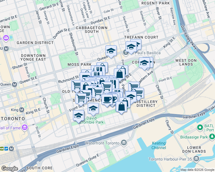 map of restaurants, bars, coffee shops, grocery stores, and more near 351 King Street East in Toronto