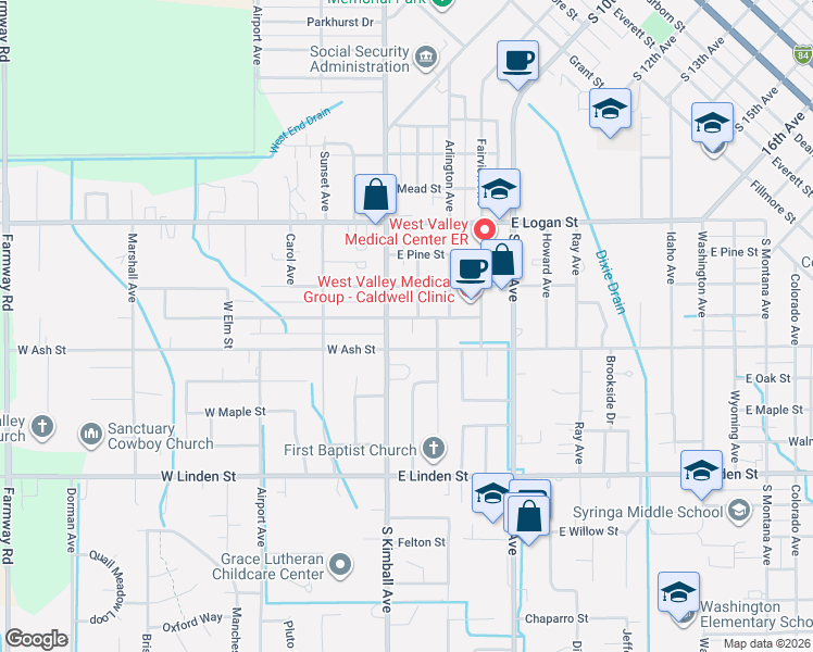 map of restaurants, bars, coffee shops, grocery stores, and more near 202 East Ash Street in Caldwell