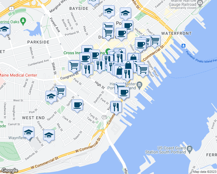 map of restaurants, bars, coffee shops, grocery stores, and more near 78 Danforth Street in Portland