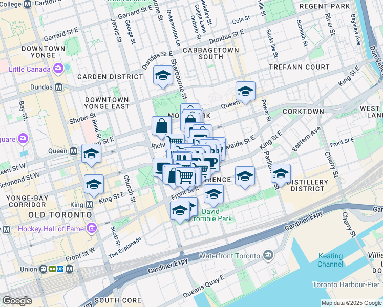 map of restaurants, bars, coffee shops, grocery stores, and more near 330 Adelaide Street East in Toronto