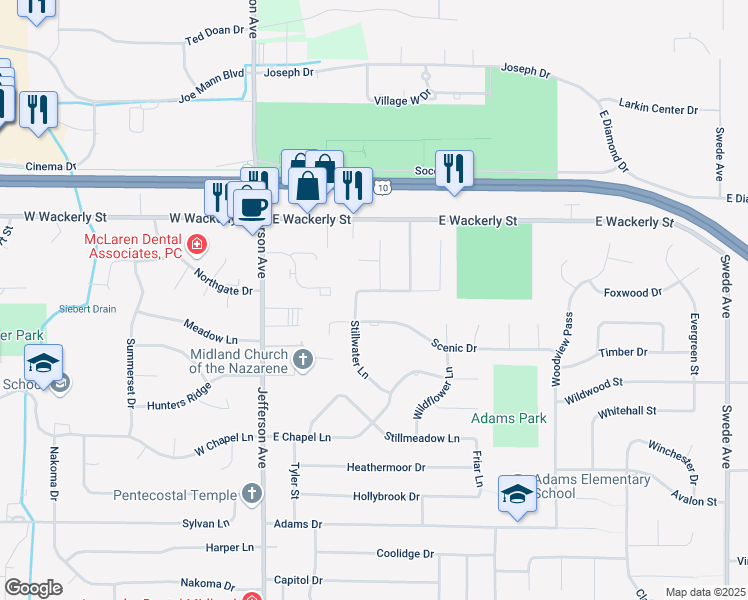 map of restaurants, bars, coffee shops, grocery stores, and more near 6106 Peachtree Circle in Midland