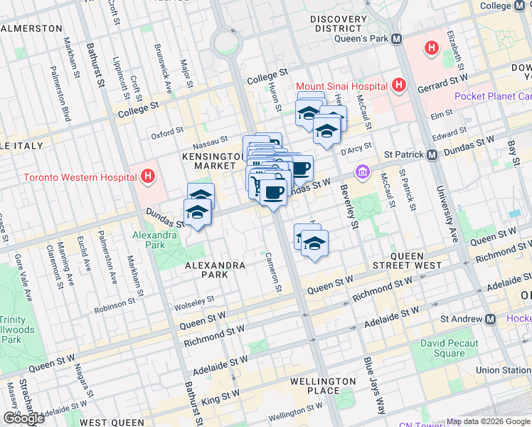 map of restaurants, bars, coffee shops, grocery stores, and more near 10 Willison Square in Toronto