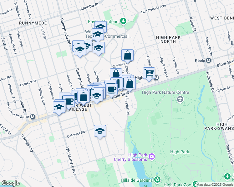 map of restaurants, bars, coffee shops, grocery stores, and more near 2122 Bloor Street West in Toronto