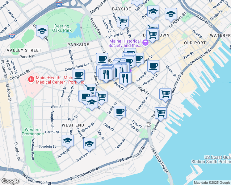 map of restaurants, bars, coffee shops, grocery stores, and more near 150 Park Street in Portland