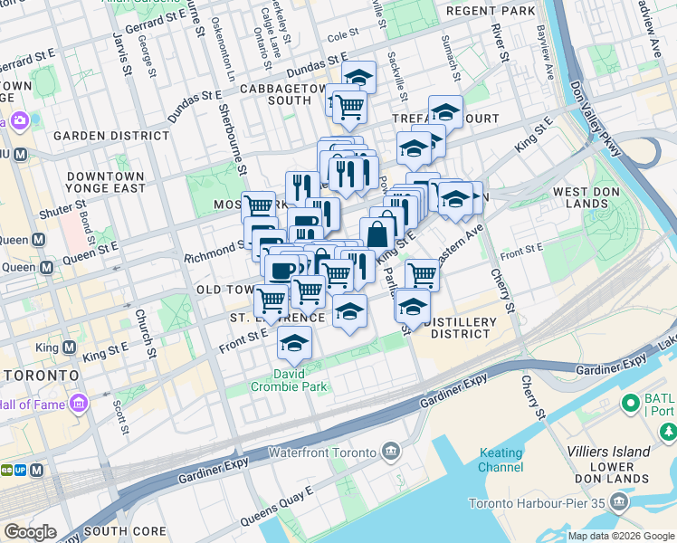 map of restaurants, bars, coffee shops, grocery stores, and more near 284 King Street West in Toronto