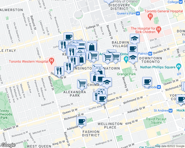 map of restaurants, bars, coffee shops, grocery stores, and more near 505 Dundas Street West in Toronto