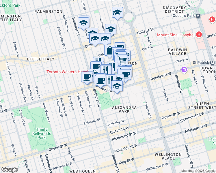map of restaurants, bars, coffee shops, grocery stores, and more near 9 Casimir Street in Toronto