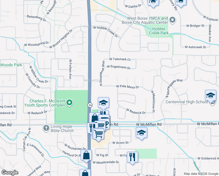 map of restaurants, bars, coffee shops, grocery stores, and more near 13559 West Pala Mesa Drive in Boise