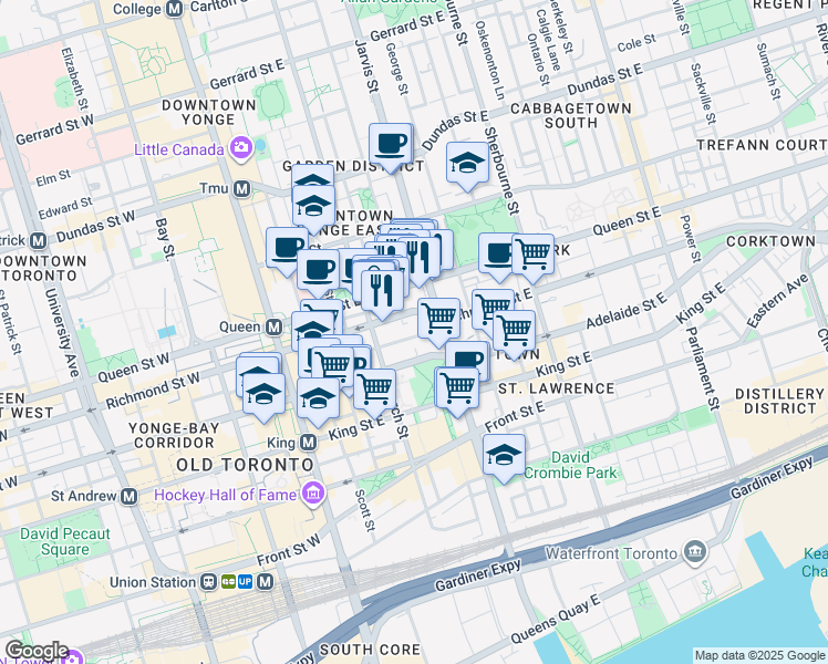 map of restaurants, bars, coffee shops, grocery stores, and more near 100 Lombard Street in Toronto