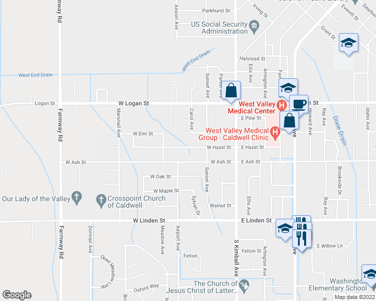 map of restaurants, bars, coffee shops, grocery stores, and more near 403 West Hazel Street in Caldwell