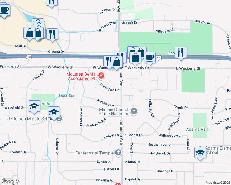 map of restaurants, bars, coffee shops, grocery stores, and more near 109 Northgate Drive in Midland